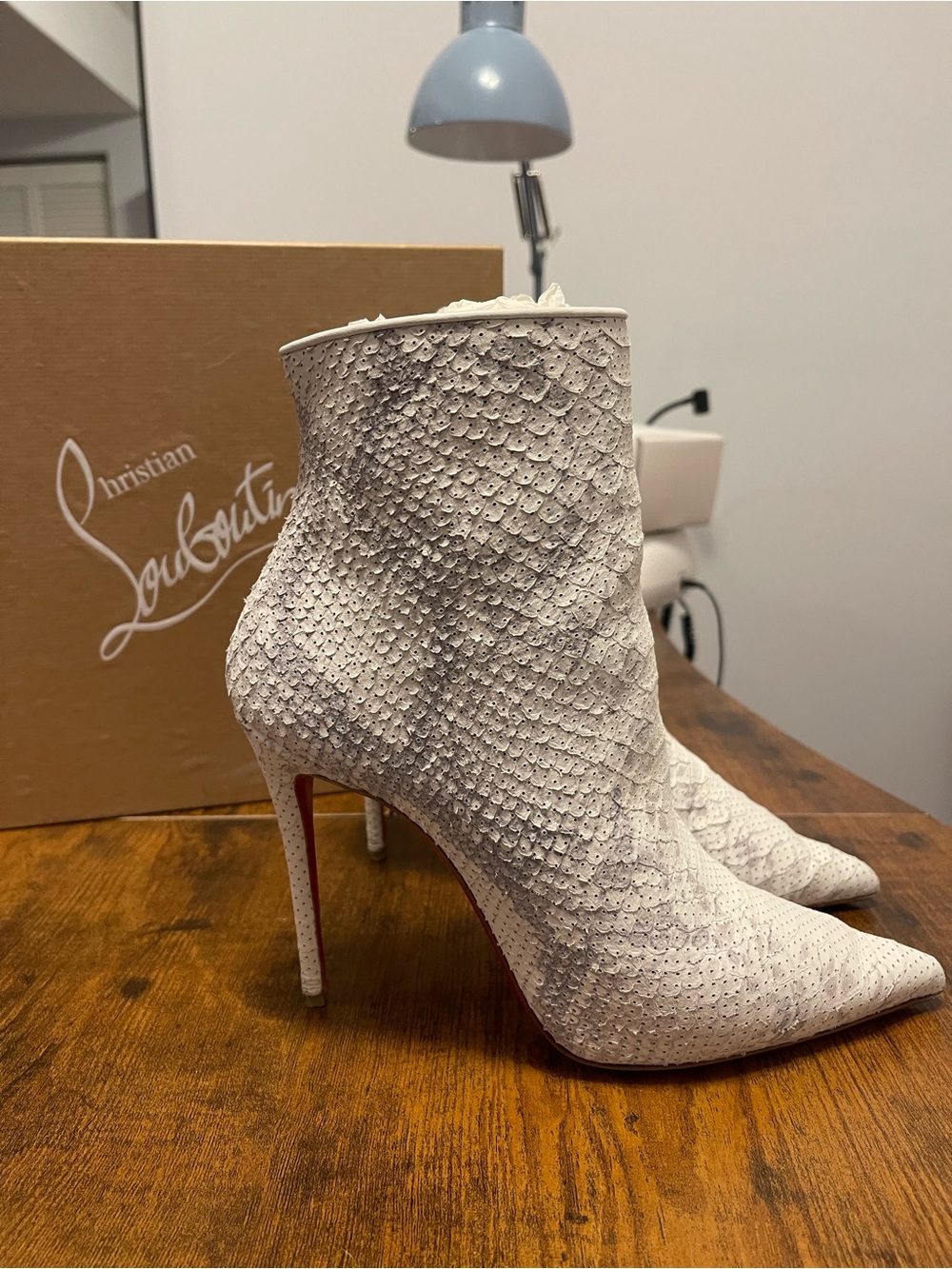 Christian Louboutin White Snake Skin Textured Pointed-Toe Ankle Boots